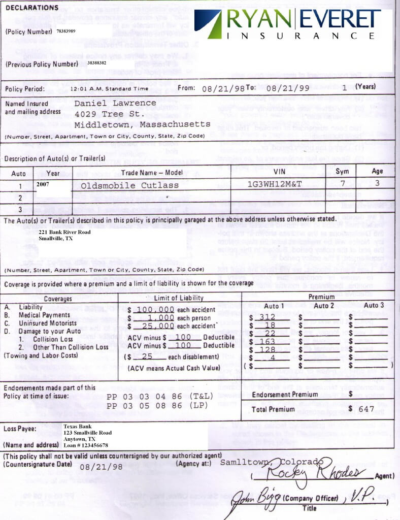 sample auto dec page - Ryan Everet Insurance